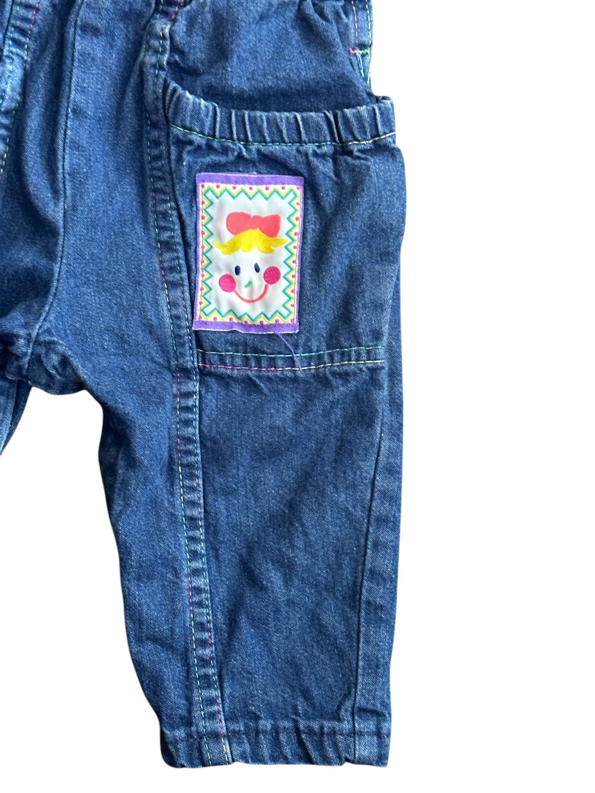 Vtg OshKosh B’gosh Vestbak Denim Overalls Sz 6 / 9 Mos USA Made Patch Flower