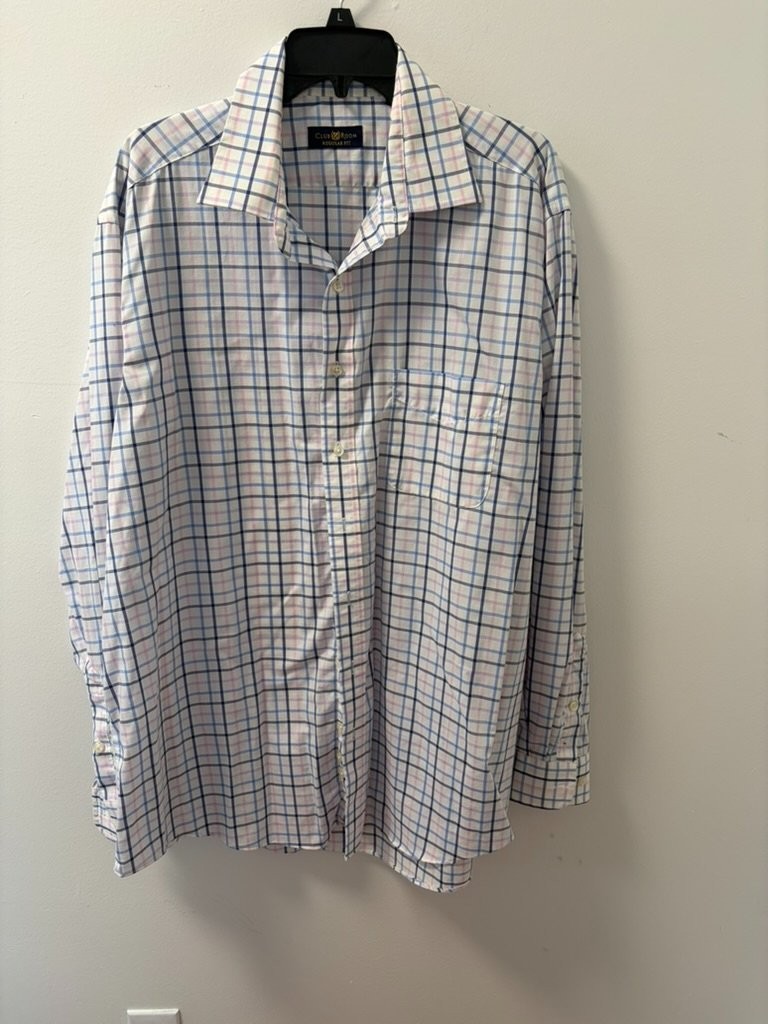 Club Room Regular Fit Dress Shirt Mens 17.5 36/37 White Blue Pink Plaid Cotton