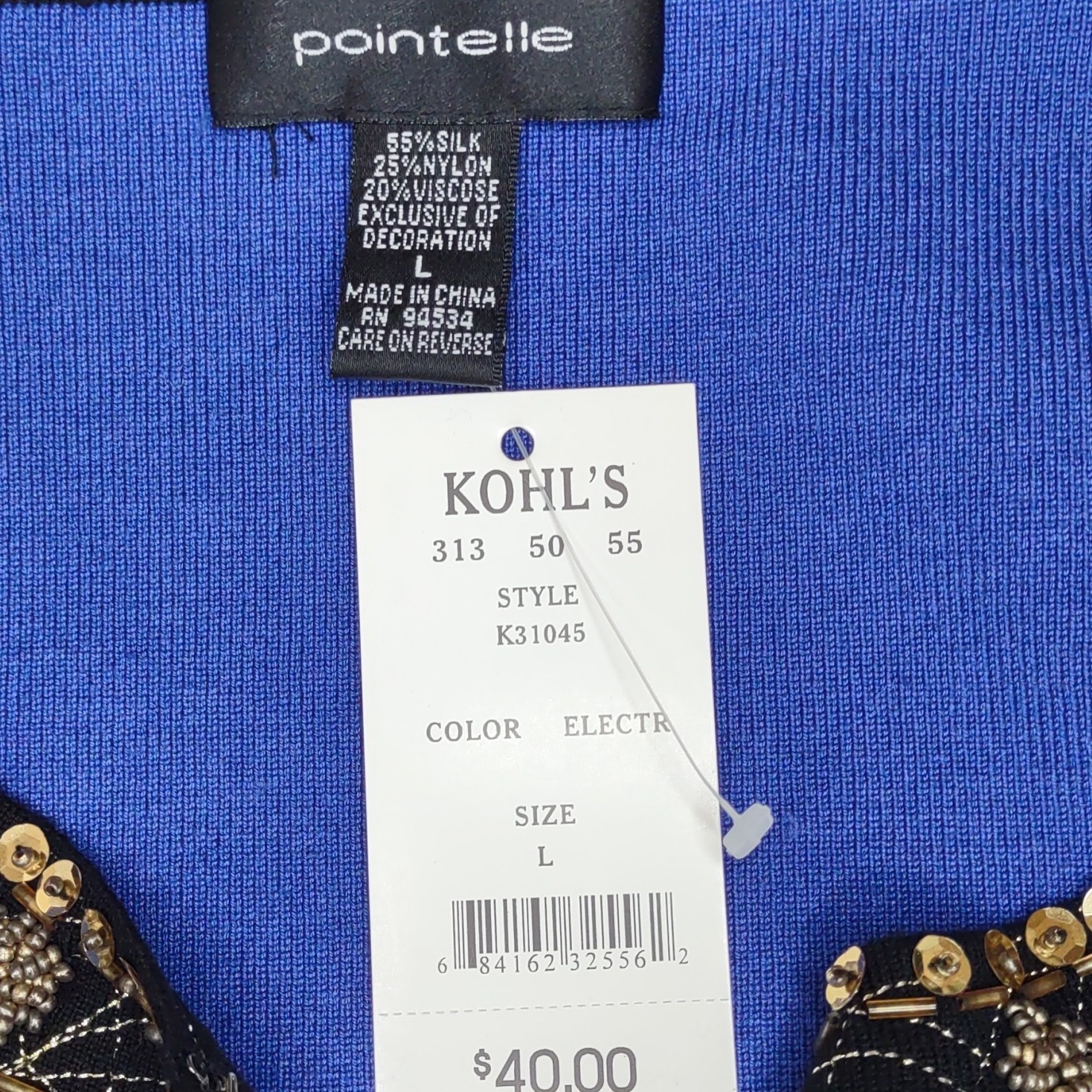 Pointelle Blue Solid Knit Round Neck Keyhole Beaded Sequin 3/4 Sleeve Top L