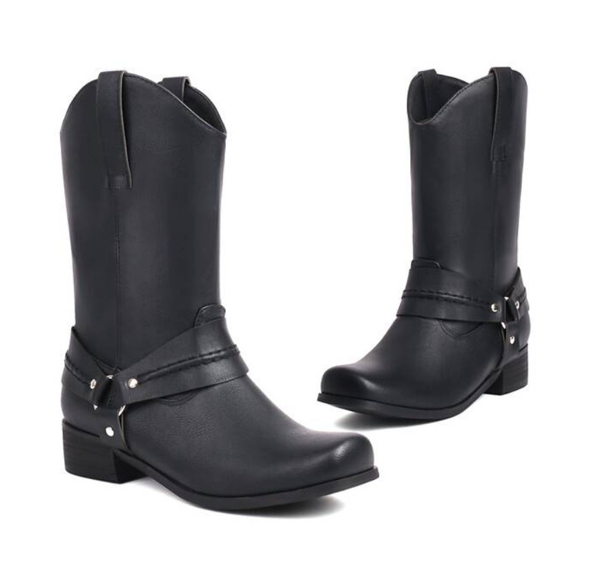 Vintage Women’s Square Toe Mid Calf Boots Fashion Chunky Heel Chelsea Shoes New