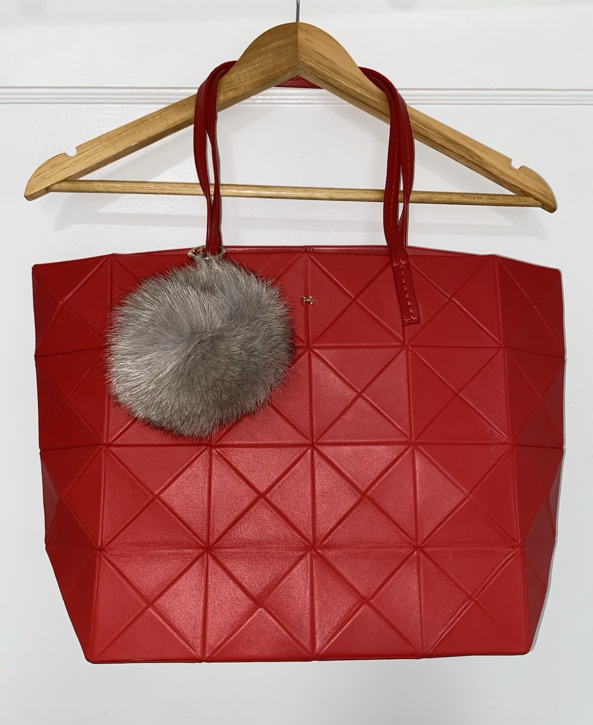 Purificacion Garcia Red Geometric Quilted Large Tote w/ Fur Charm Gold Hardware.