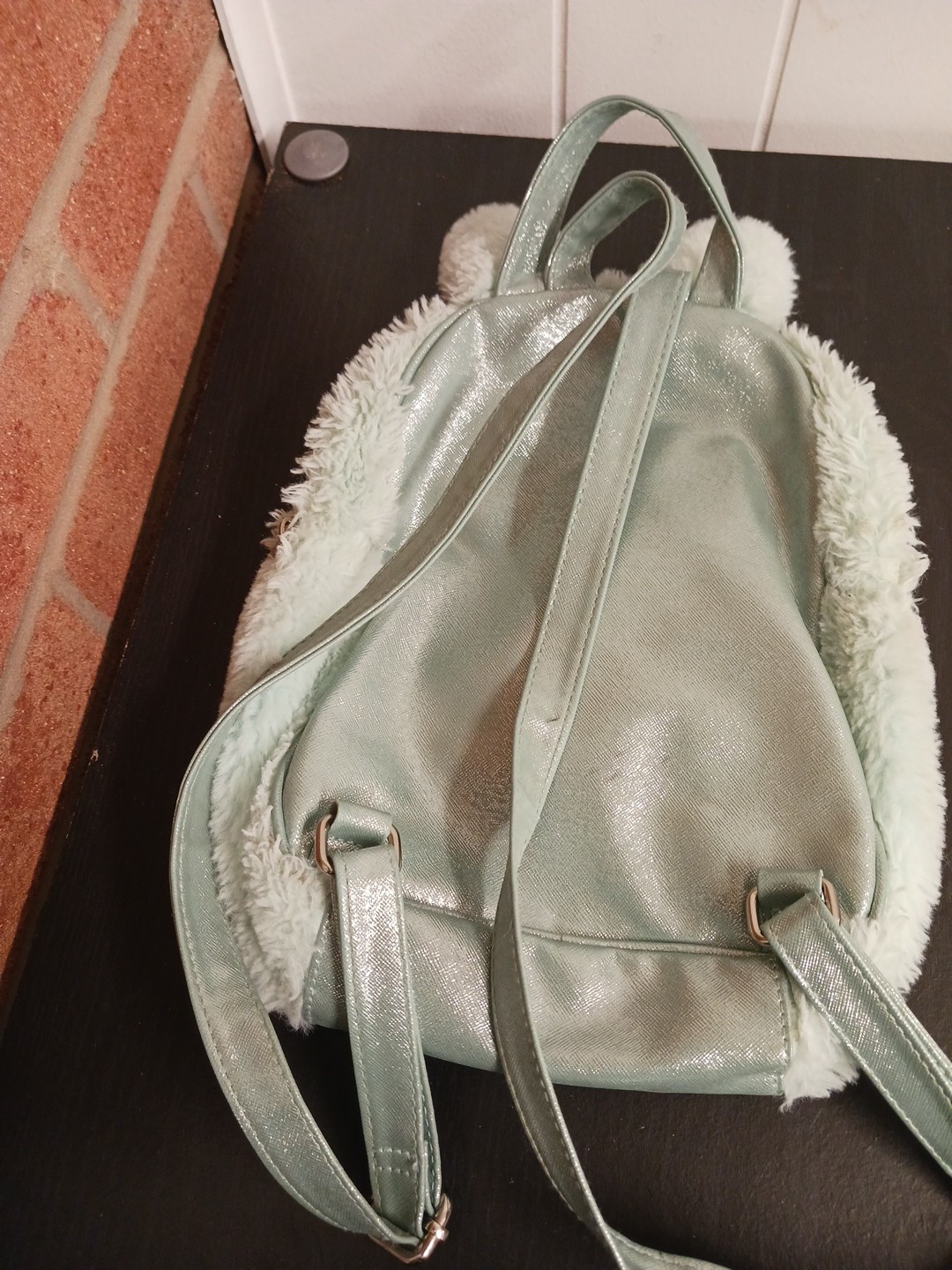 Justice Bunny Mint Plush Mini Backpack Soft Faux Fur Sequin Ears Zipper Pockets