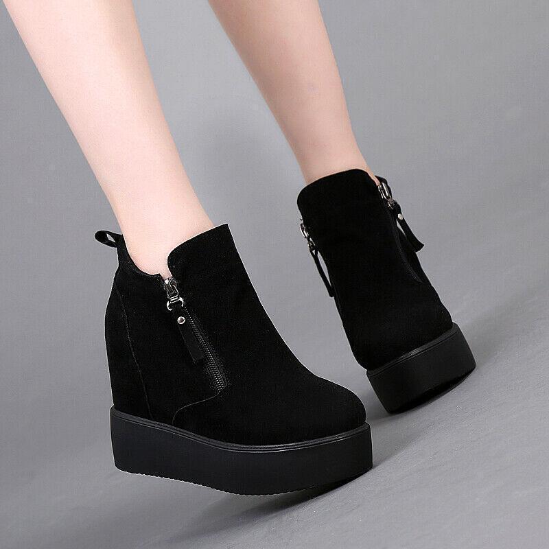 Women’s Hidden Wedge Platform Ankle Boots Creepers Shoes Round Toe Zip Fashion