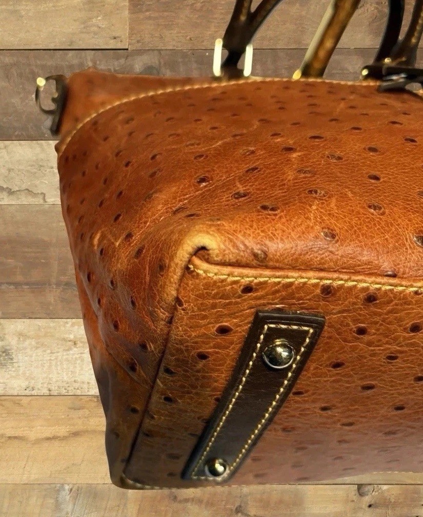 Dooney Bourke Chestnut Brown Ostrich Embossed Leather Front Pocket Satchel Tote