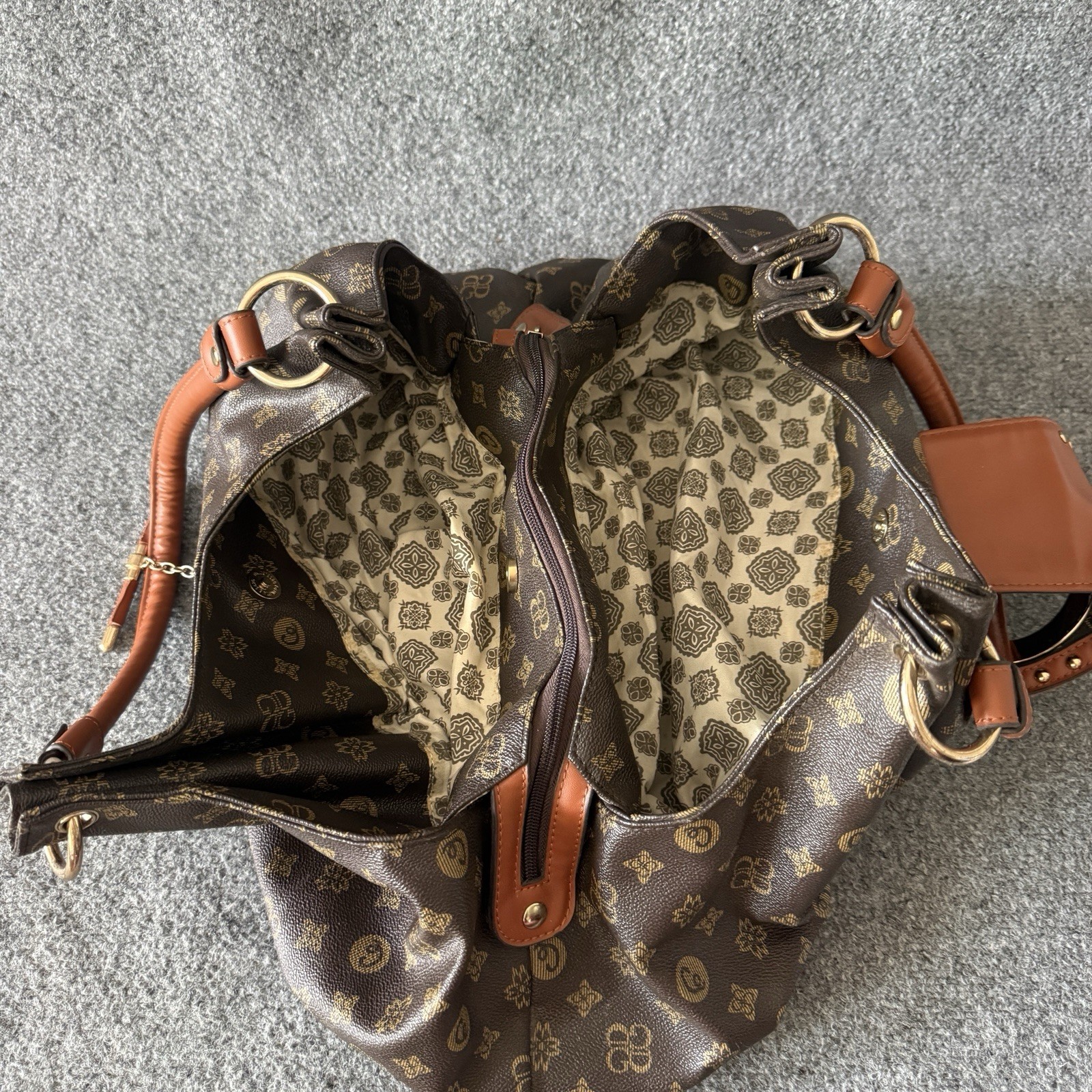 Brown Logo Print Satchel Top Handle Bag Double Handles Zip Gold Studded Accents