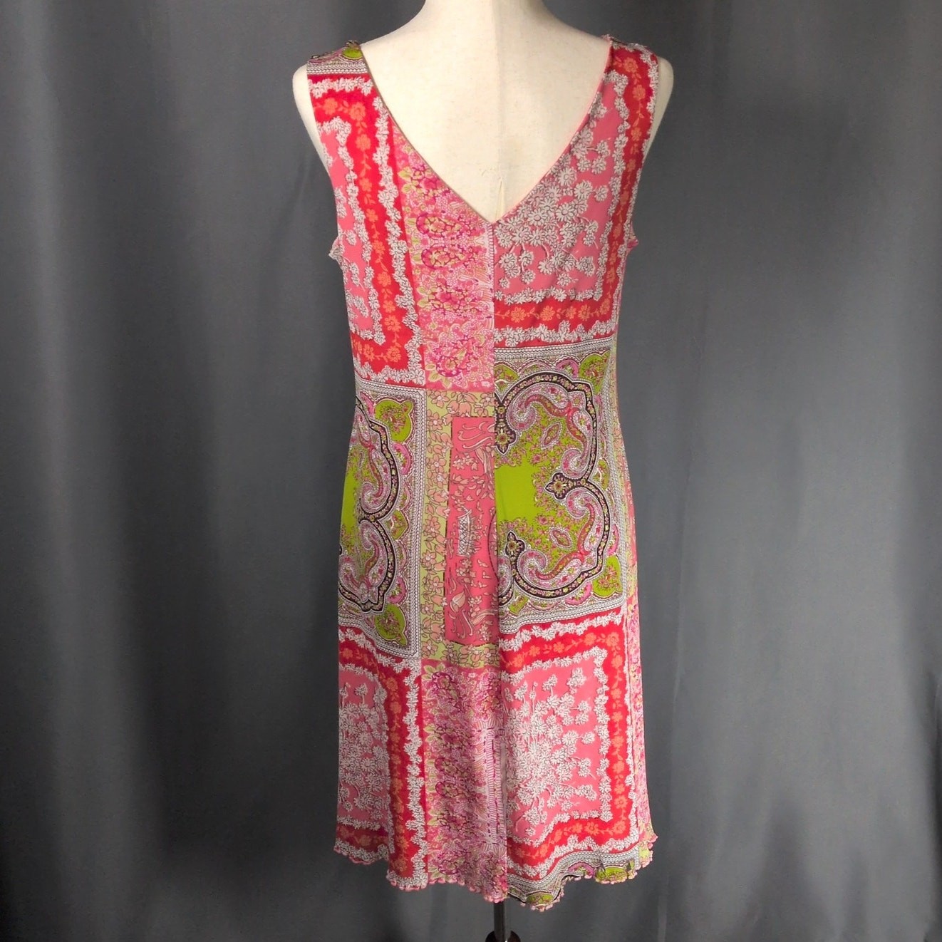 Vintage Y2K Xhilaration Sequin Surplice V-Neck Pink Multi Pattern Dress Sz Large