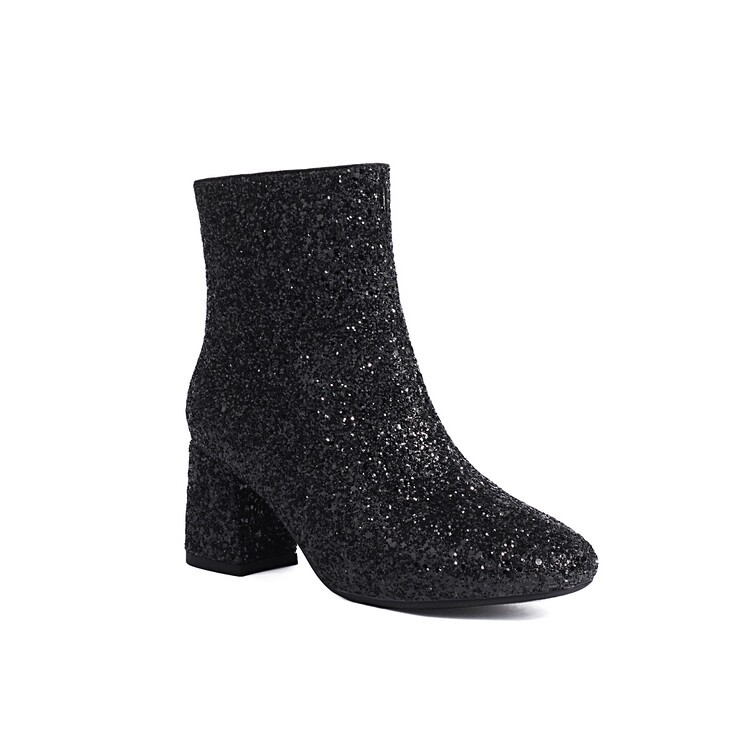 Women’s Sequin Glitter Block Heels Side Zip Ankle Short Gold Boots Party Shoes