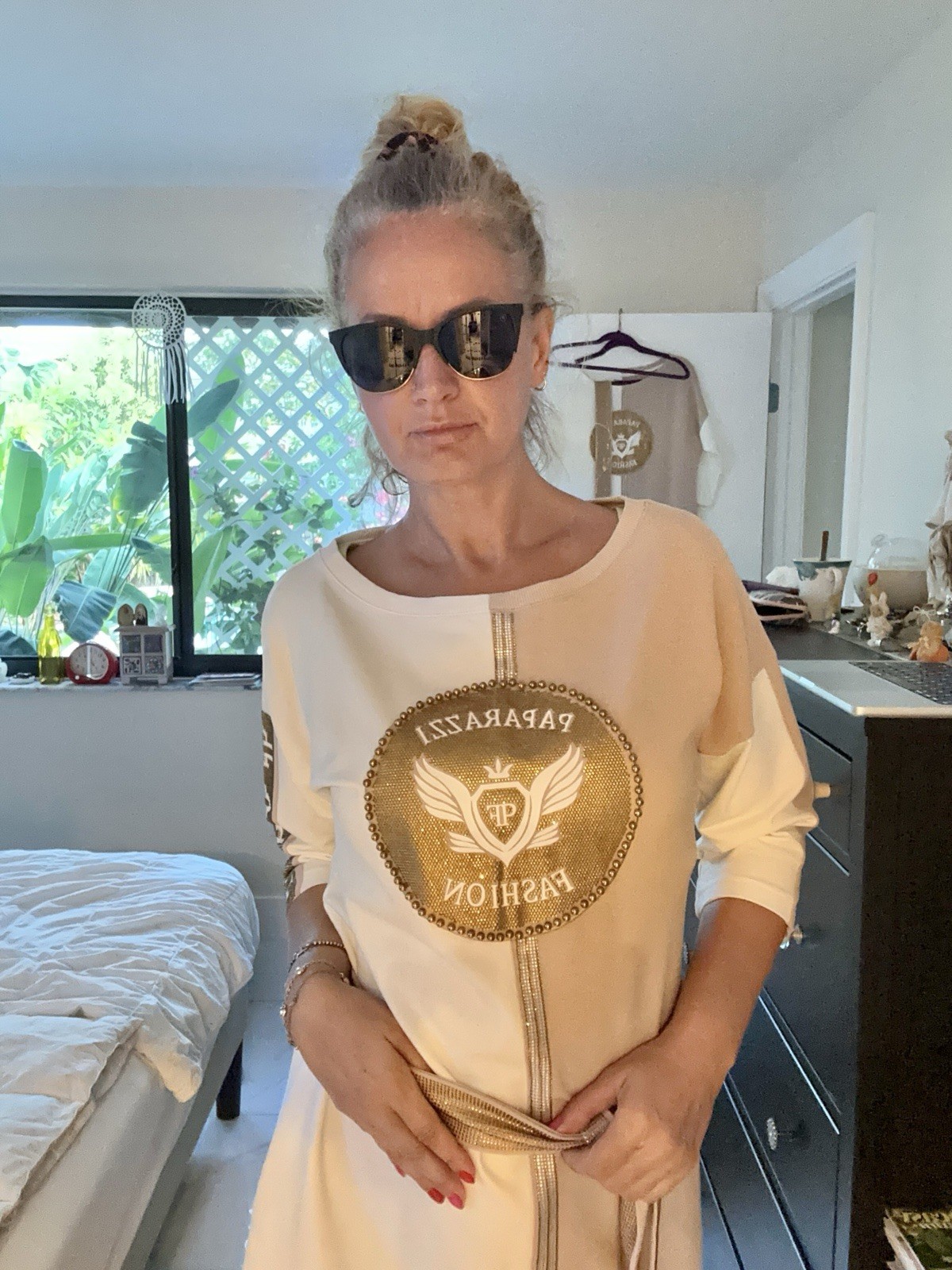 ✨ Glam Cream & Gold Cotton Dress – Eye-Catching & Unique✨ Size: M