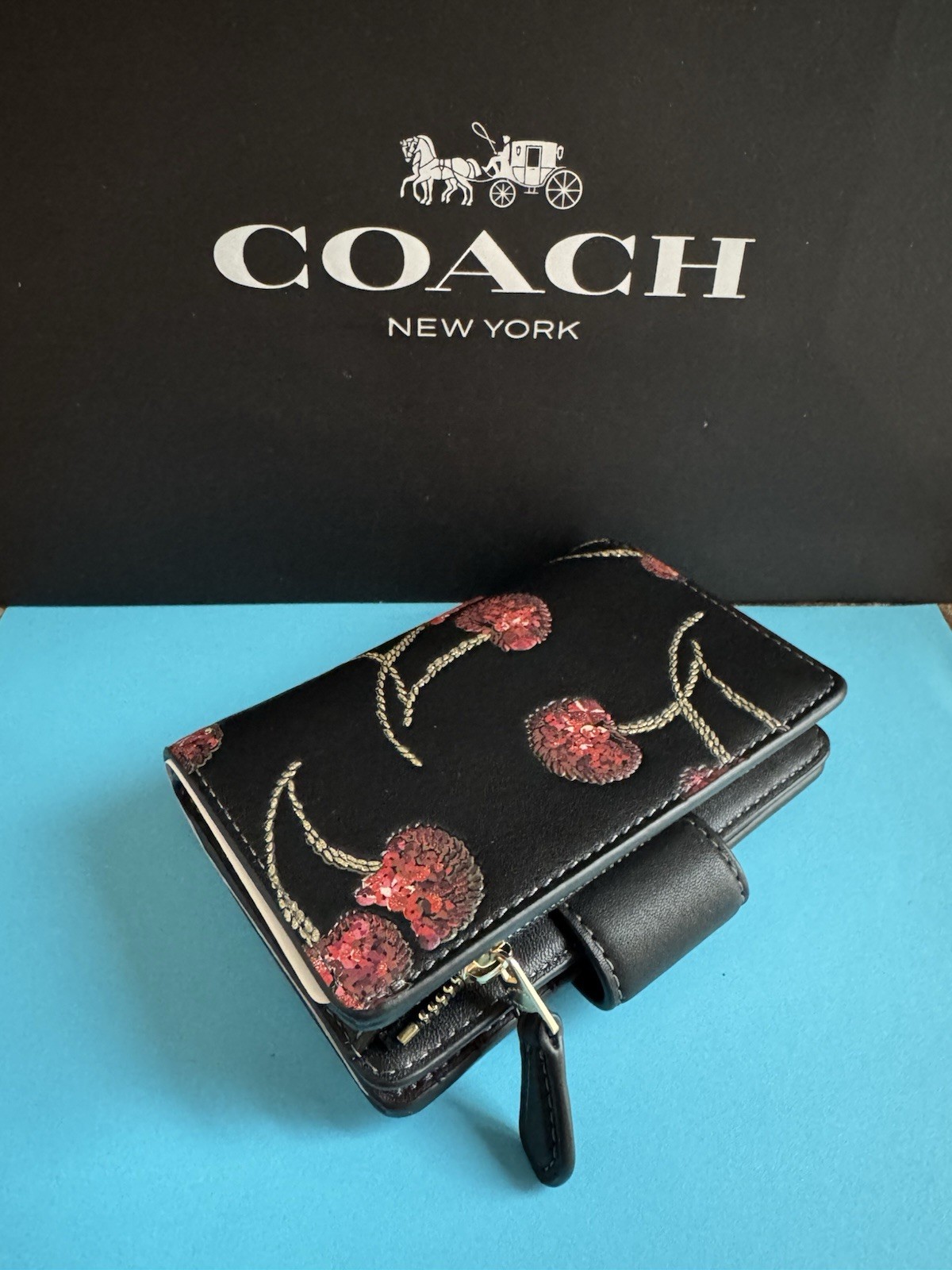 NWT Coach Medium Corner Zip Wallet With Cherry Print Leather Gold /Black Multi