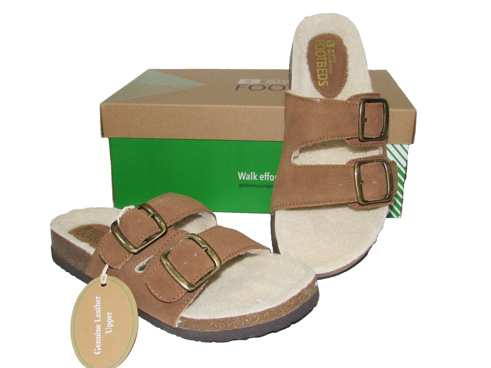 White Mountain Womens size 7 Oiled Leather Sherpa Lined Buckle Sandals Chestnut