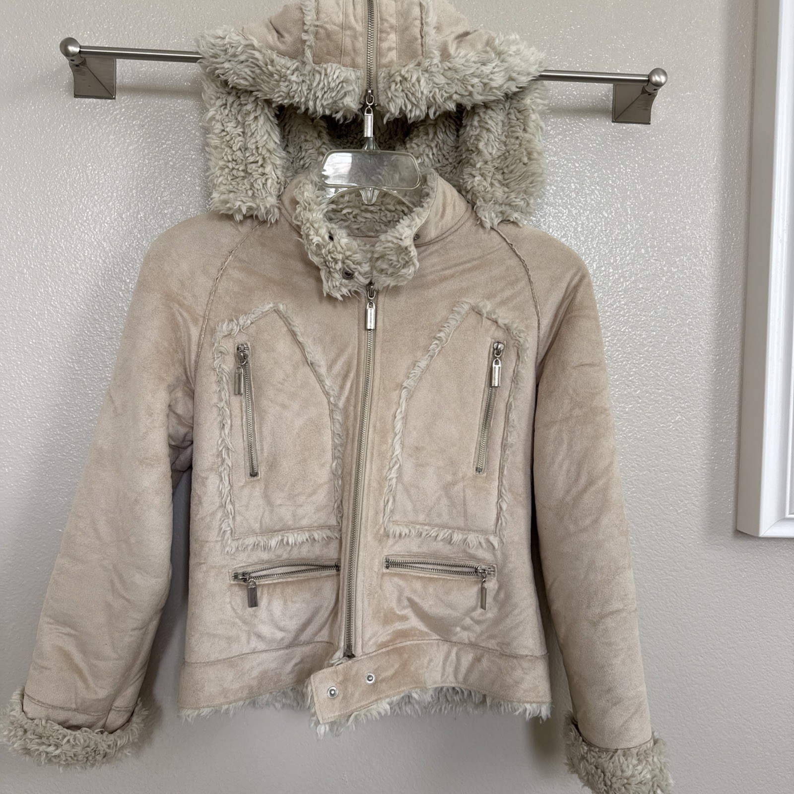 Wilson’s Leather Faux Fur & Suede Penny Lane Style Jacket Removable Hood Beige S