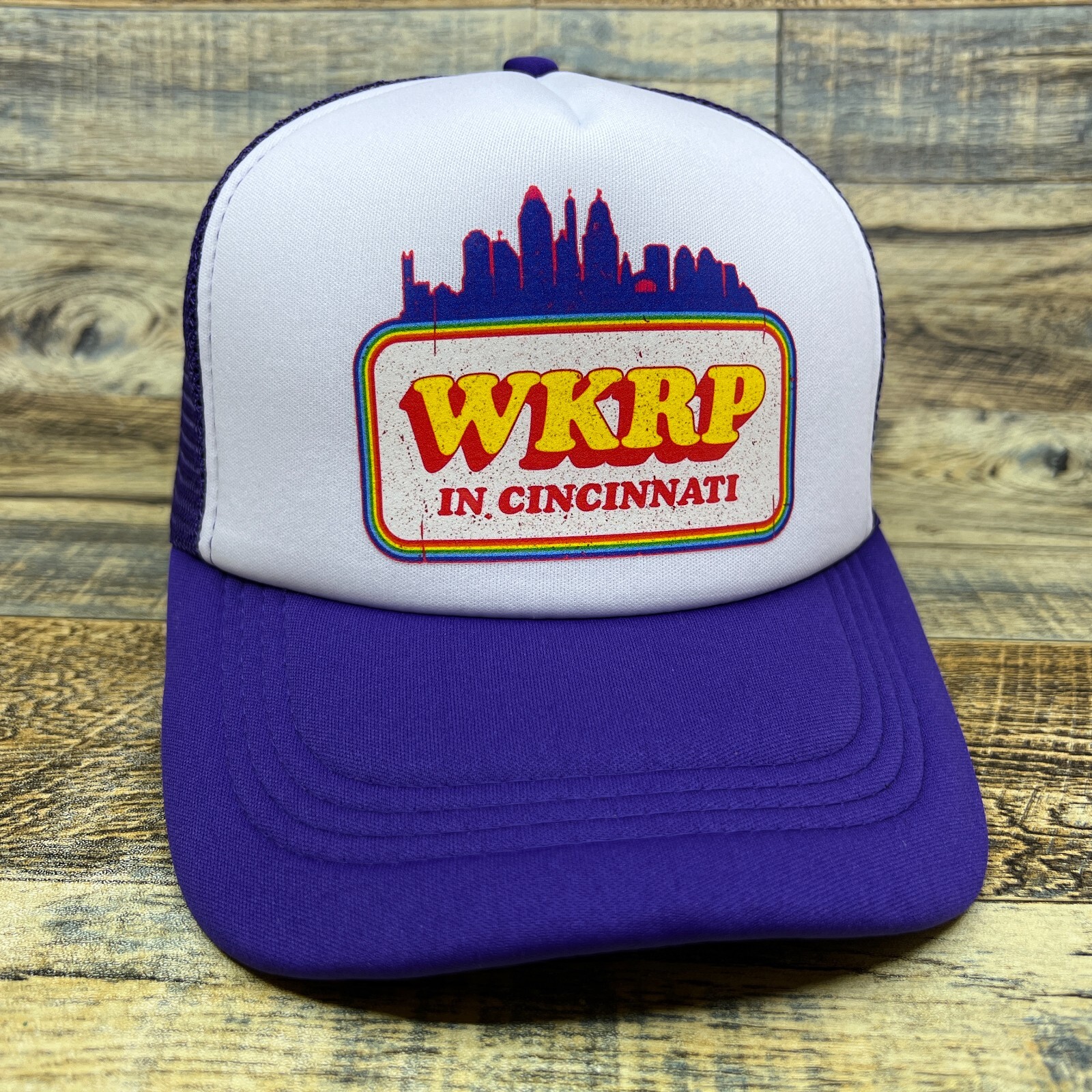 WKRP In Cincinnati Unisex Trucker Hat Purple Snapback 70s Sitcom Baseball Cap