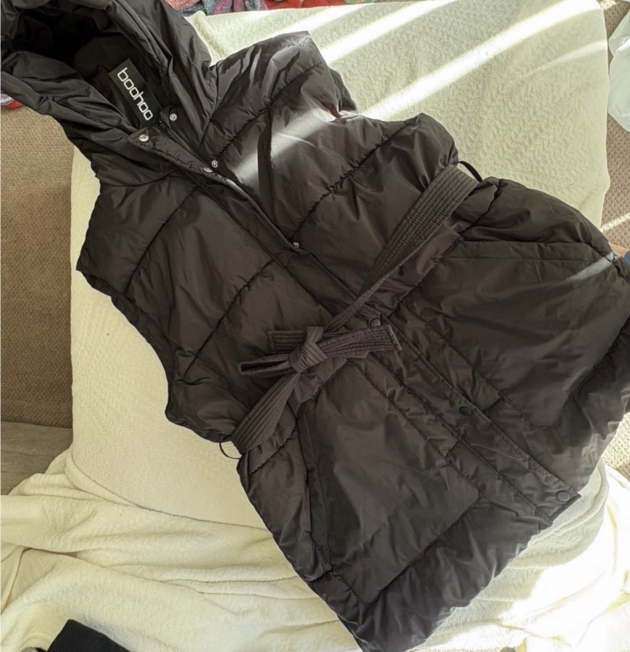 boohoo Women’s 14 Black Quilted Hooded Belted Puffer Jacket Full Zip Mid-Length