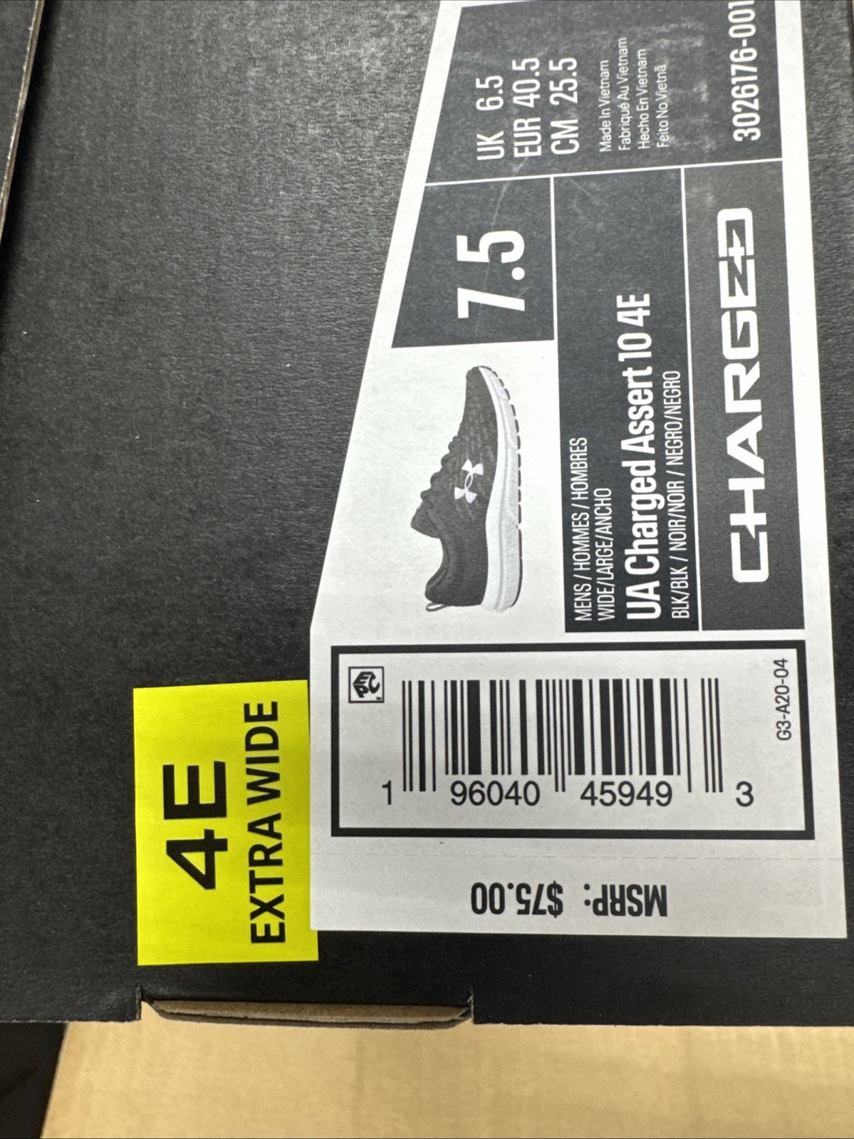 Under Armour Men’s UA Charged Assert Wide (4E) Running Shoes Black White 7.5