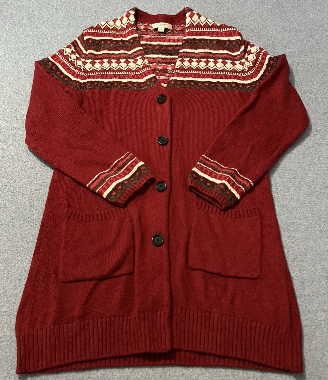 Liz Claiborne Fair Isle Cotton Wool Blend Cardigan Sweater Small Pockets Fall