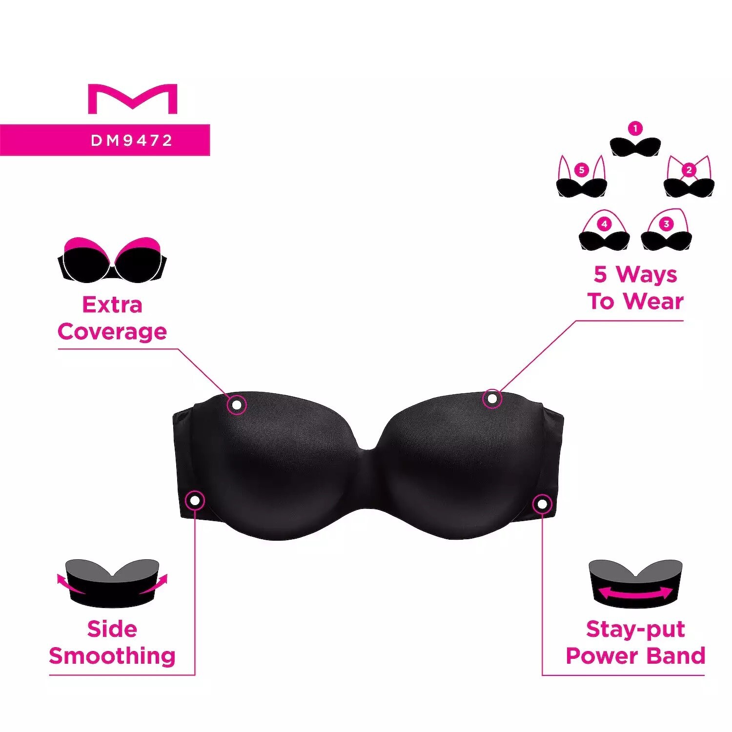 Maidenform Strapless Bra Live Luxe Extra Coverage Multiway DM9472 Black 42D NWT