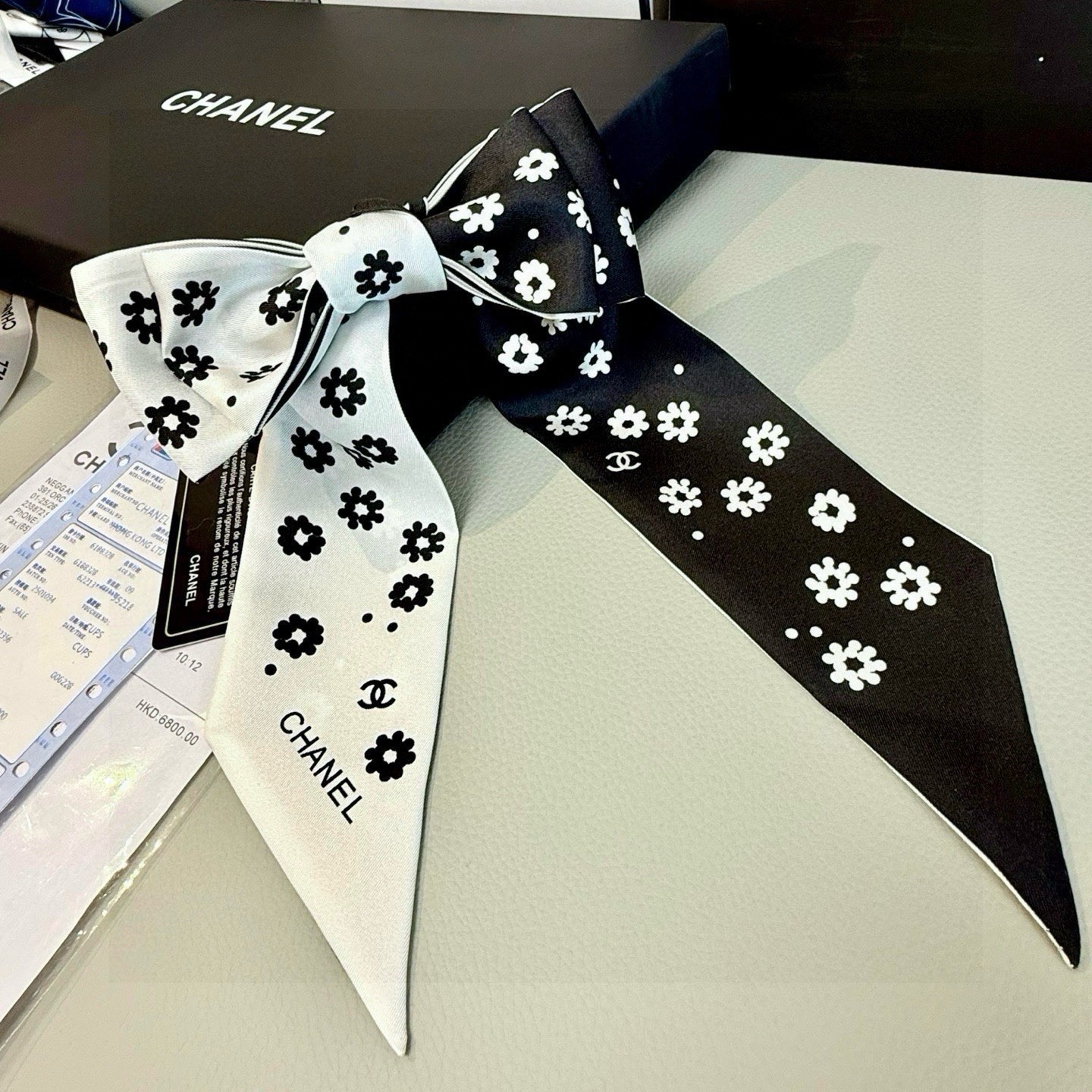 CHANEL Silk Bow Ribbon Hair Accessory, Black/White Floral Flower Print, Logo