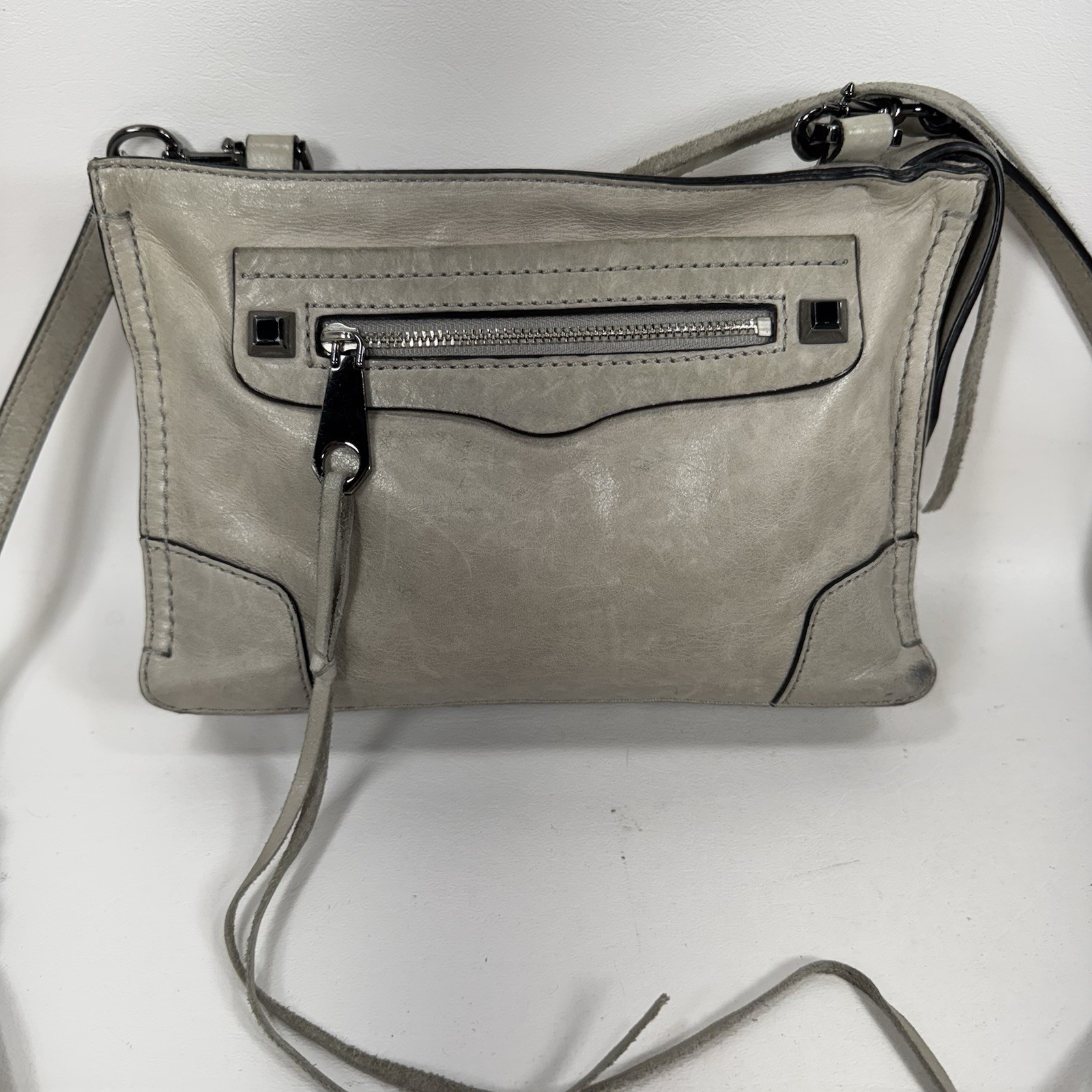 Rebecca Minkoff Gray Leather Mini Zip Top Crossbody Purse Bag w/ Bottom Studs
