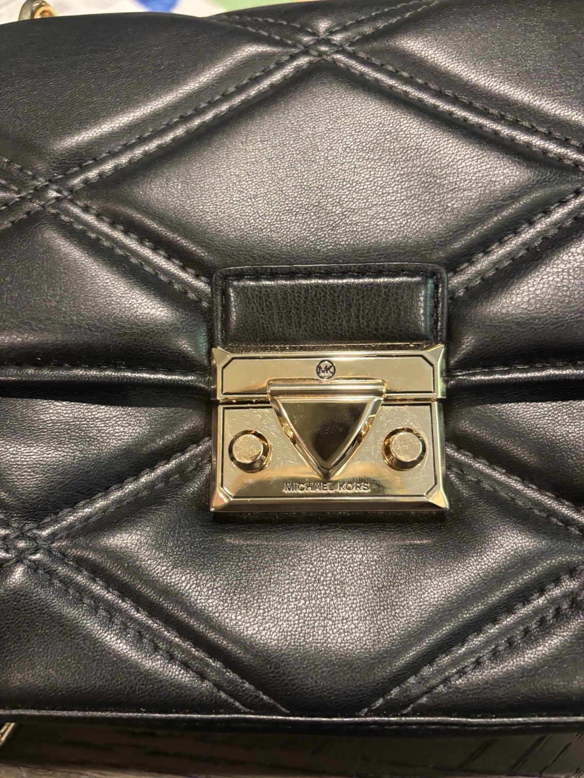MICHAEL KORS SERENA MD FLAP CHAIN SHOULDER CROSSBODY QUILTED BAG BLACK/GOLD