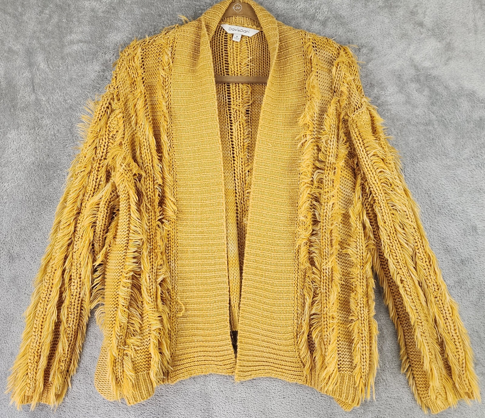 Davi & Dani Cardigan Womens Medium Yellow Fringed Long Sleeve Open Front Sweater