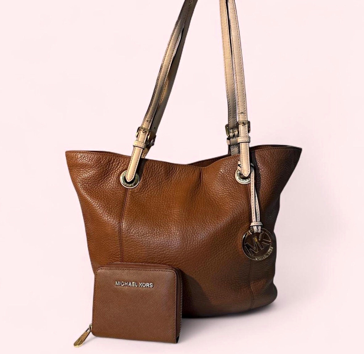 Michael Kors Large Brown Pebbled Tote Beige Straps Zip/Snap w/ matching wallet