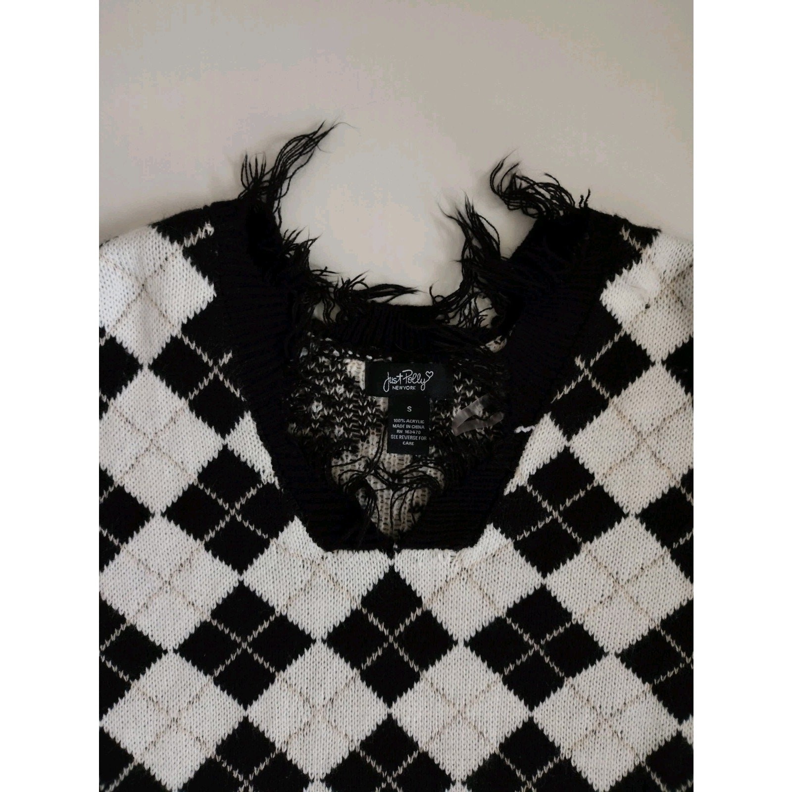 Copied – Just Polly New York Knit Argyle Cropped Fringe Sweater Women’s Size S
