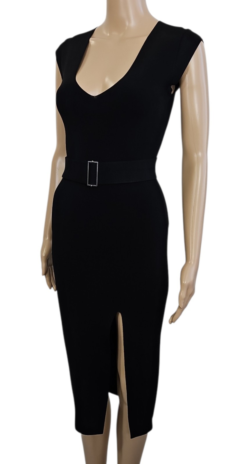 BABATON Black V Neck Cap Sleeve Belted High Slit Midi Bodycon Sheath Dress XS