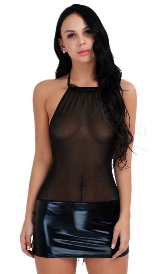 Womens Sexy Lingerie Black Mesh PVC Backless Dress Nightwear Clubwear Babydoll