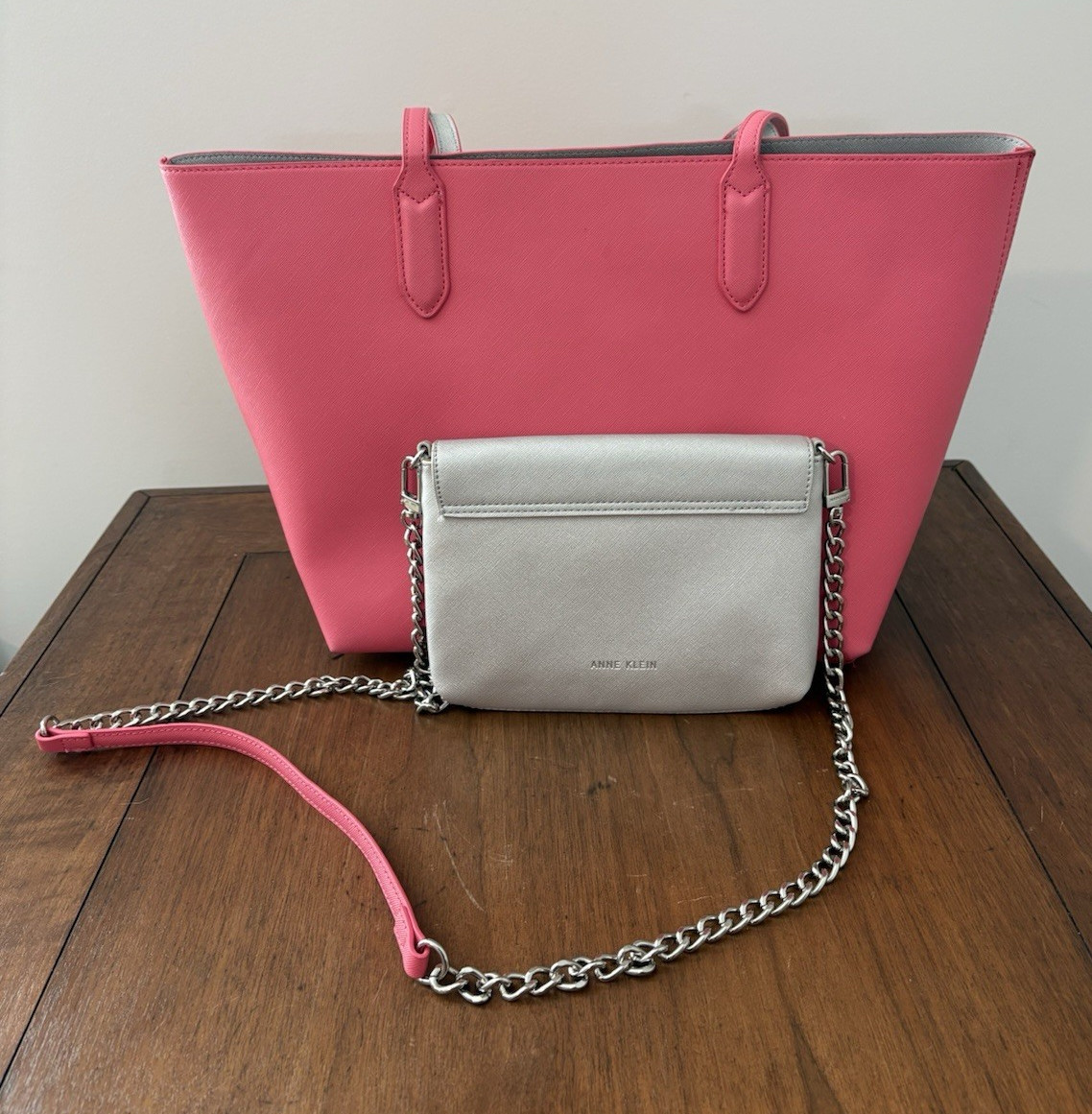 Anne Klein Large Pink Tote Bag w/ Silver Chain Strap Pocketbook Pouch