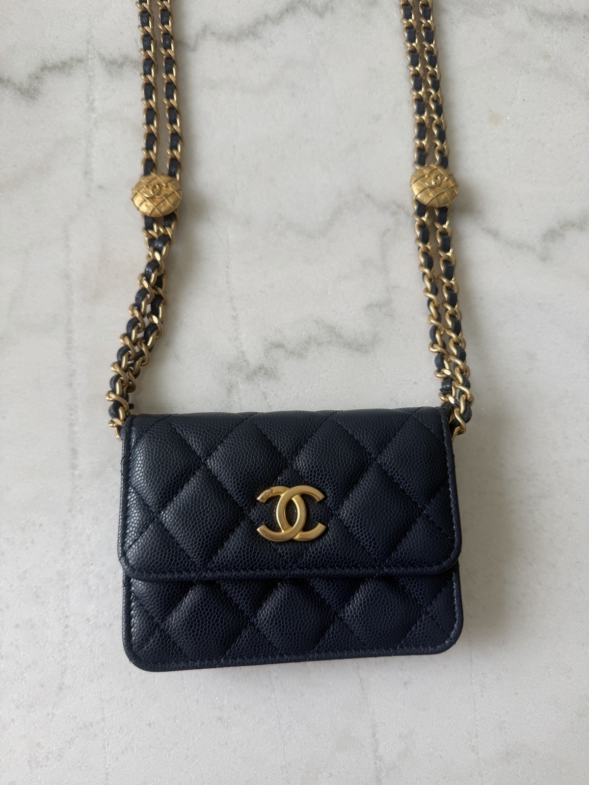 CHANEL Quilted Wallet on Chain WOC Blue Gold CC Logo Chain Strap Snap, Set