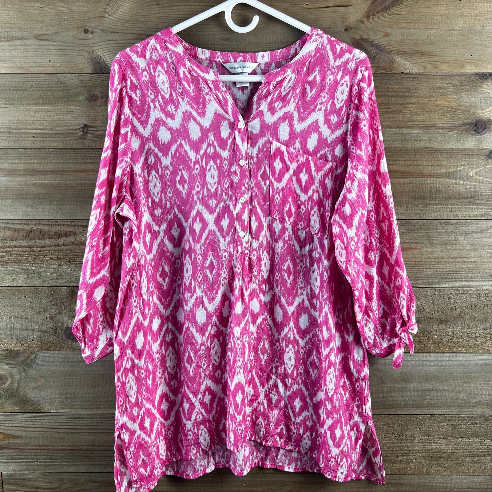 Christopher & Banks Womens Shirt 3/4 Tie Sleeves Ikat Print Henley Neck Large