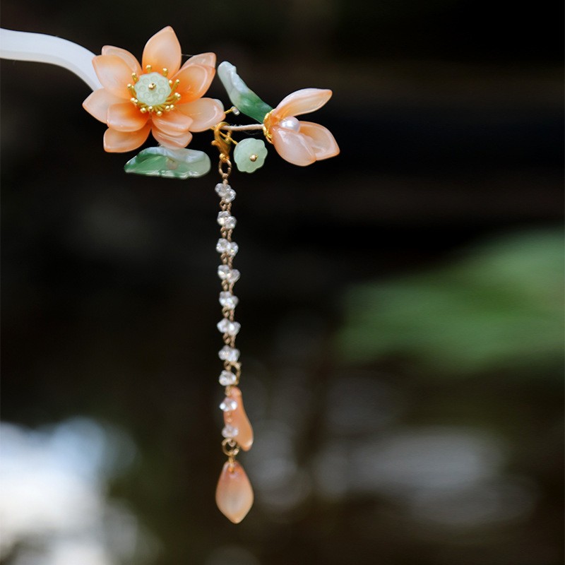 White Lotus Tassel Hairpin Traditional Chinese Hair Stick Hair Accessories Hanfu