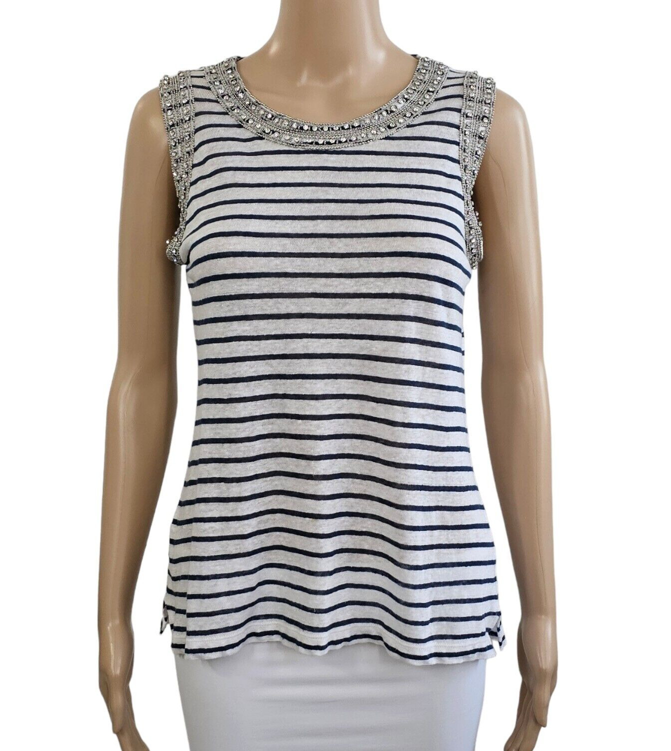 GENERATION LOVE Lucy Linen Striped Embellished Scoop Neck Sleeveless Top XS