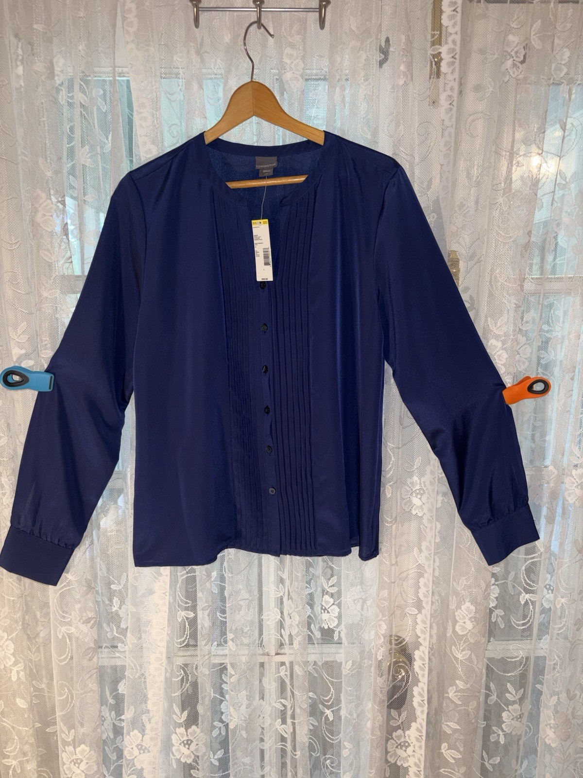 Covington Women’s L Navy Solid Chiffon Polyester V-Neck Pleated Button Blouse