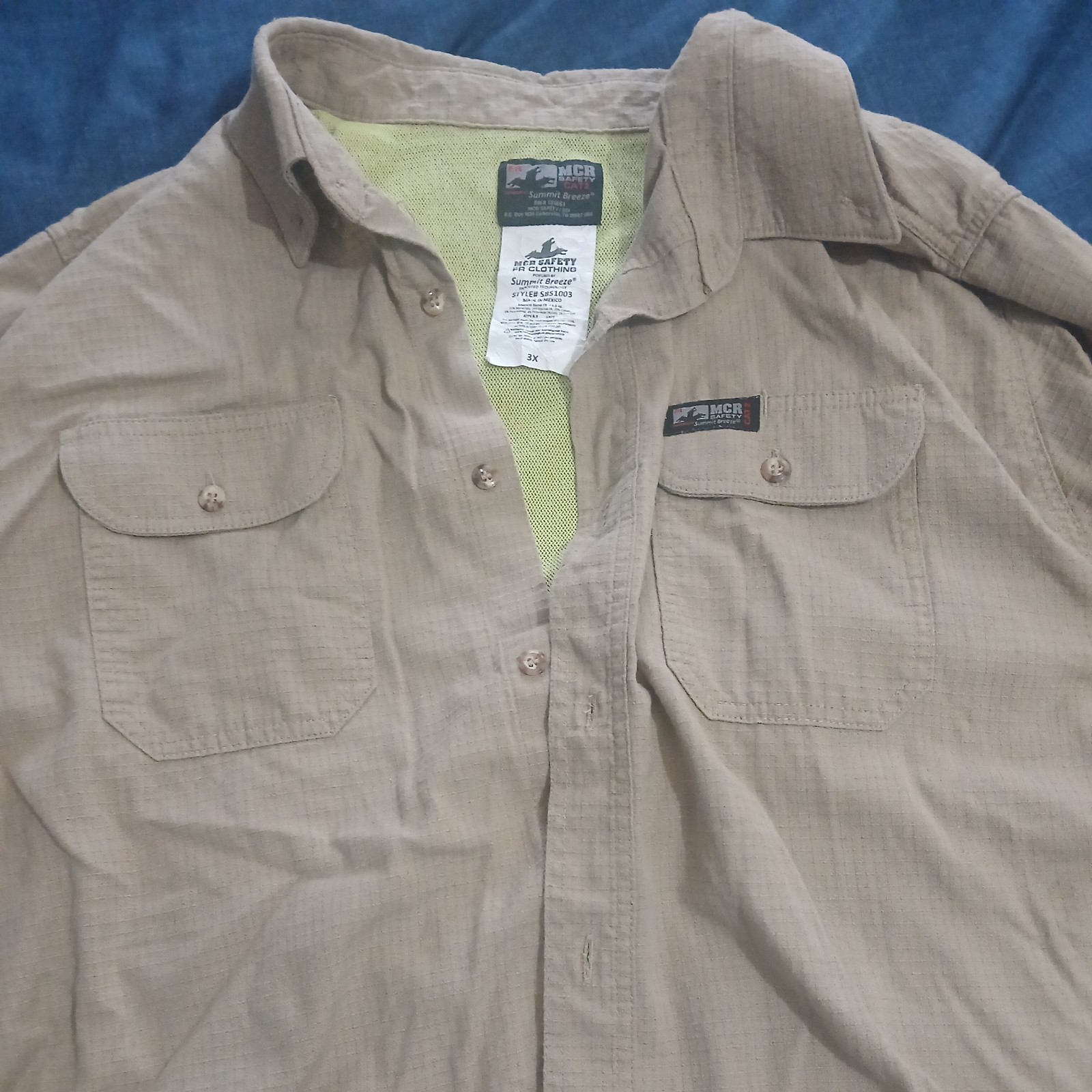 MCR Safety Mens 3X Summit Breeze FR Shirt Button Down Khaki Vented Mesh CAT 2