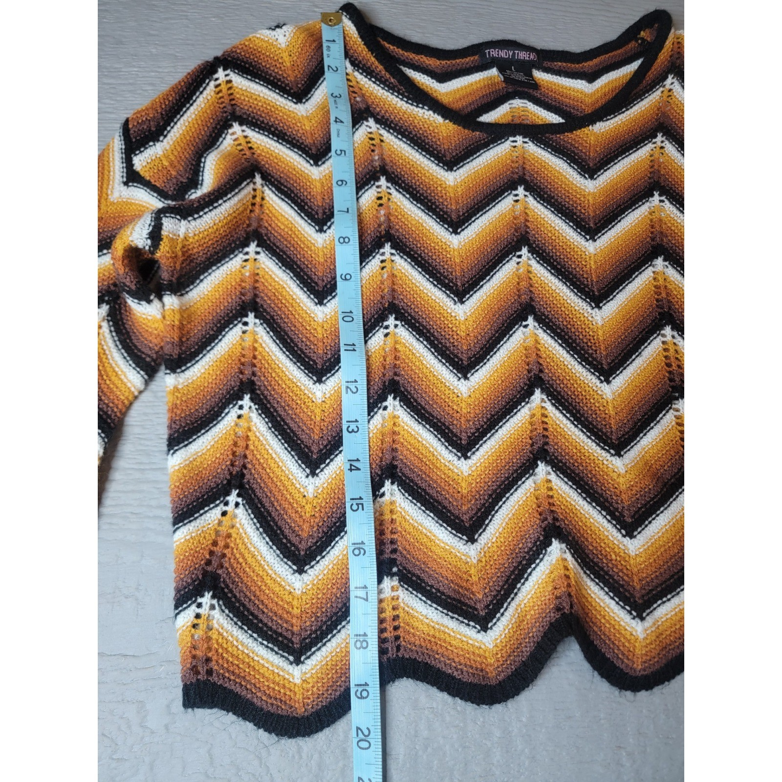 Trendy Threads Chevron Crochet Knit Sweater Orange Brown Zig Zag Bell Sleeve L