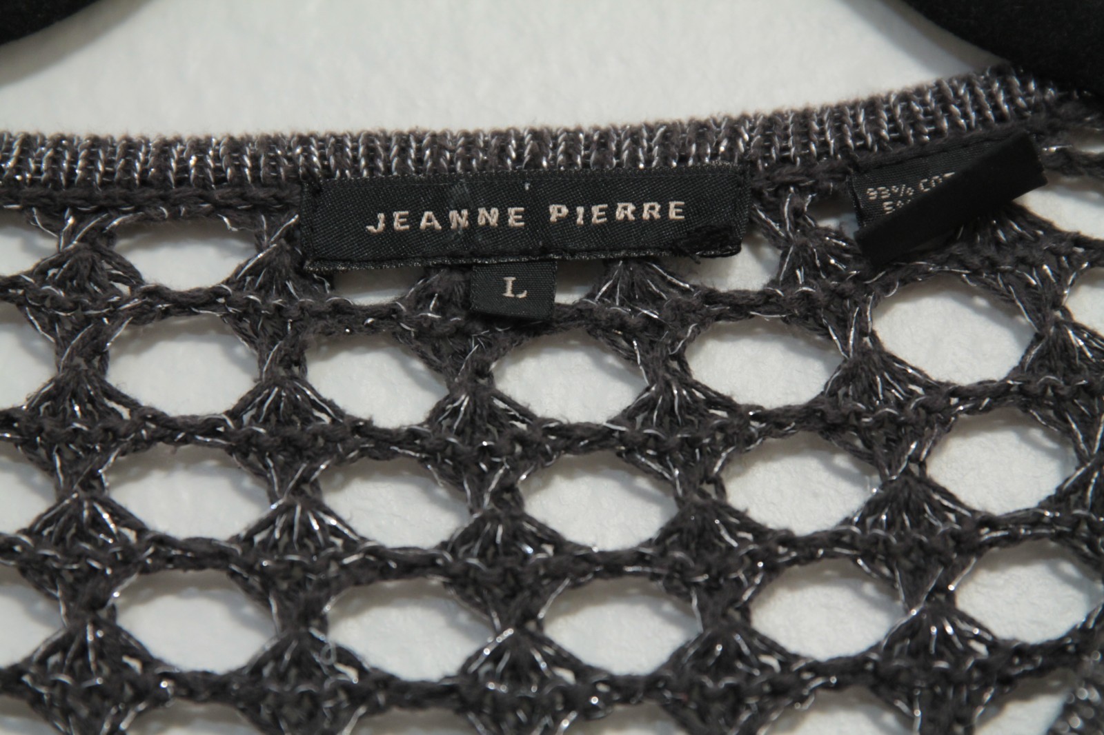 Jeanne Pierre Crochet Open Knit Sweater Women’s Metalized Silver/Grey Yarn Large