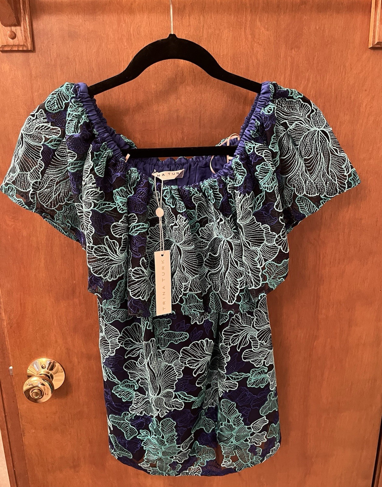 Trina Turk Wisdom Floral Lace Ruffle Sleeve Lined Blouse size M. MRSP $248