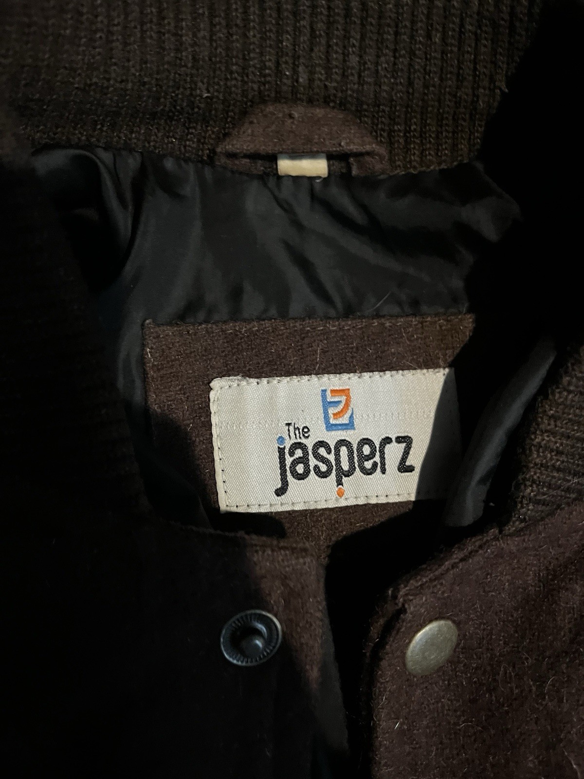 the jasperz Men’s L Brown/Tan Wool Snap-Front Varsity Jacket B Patch Miami