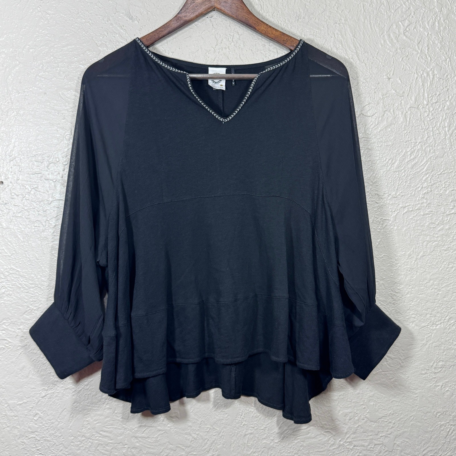 Akemi + Kin Anthropologie Top XS Fenn Black Boho Sheer Babydoll Peasant OB553735