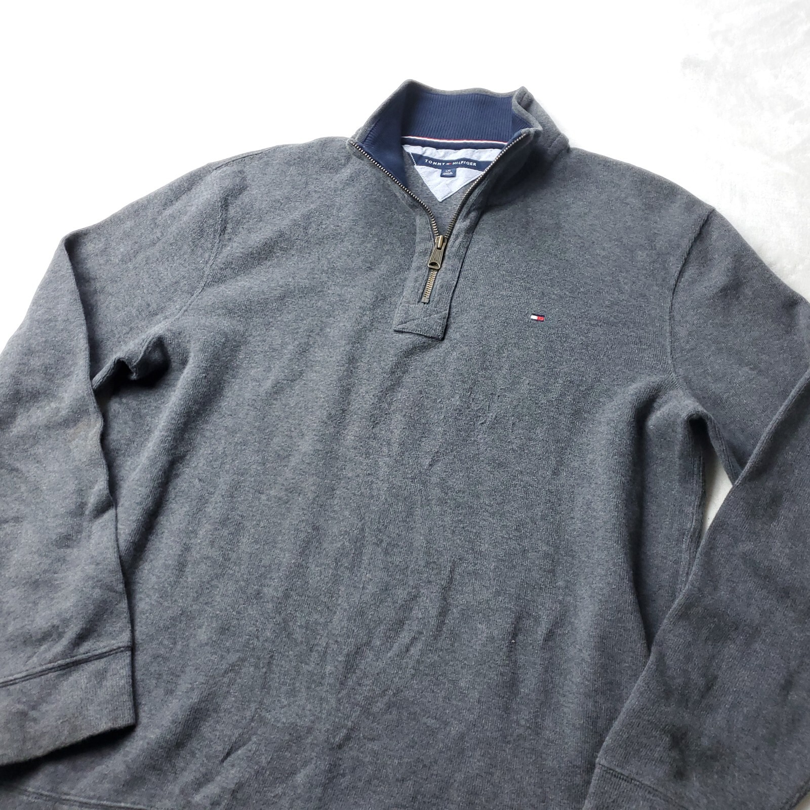 Tommy Hilfiger Sweater Mens L Large Gray Pullover Zip Up Cotton Casual Preppy