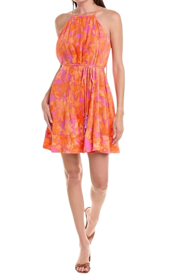 Taylor Orange Floral Pleated Tasseled Crepe Boho Vacation Dress Size XS