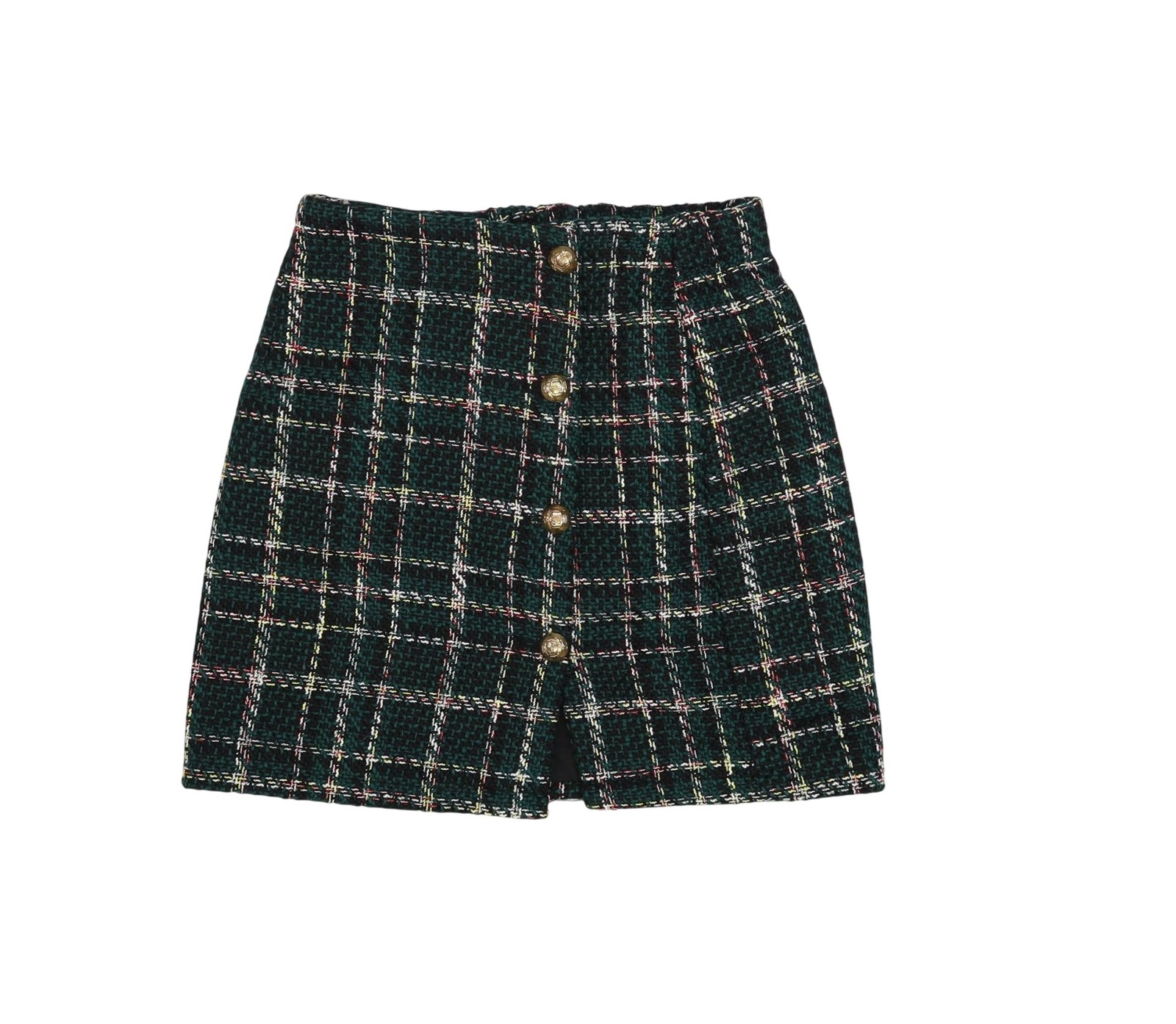 Simplee Skirt Womens Small Green Plaid Tweed Mini Button Front Elastic Waist