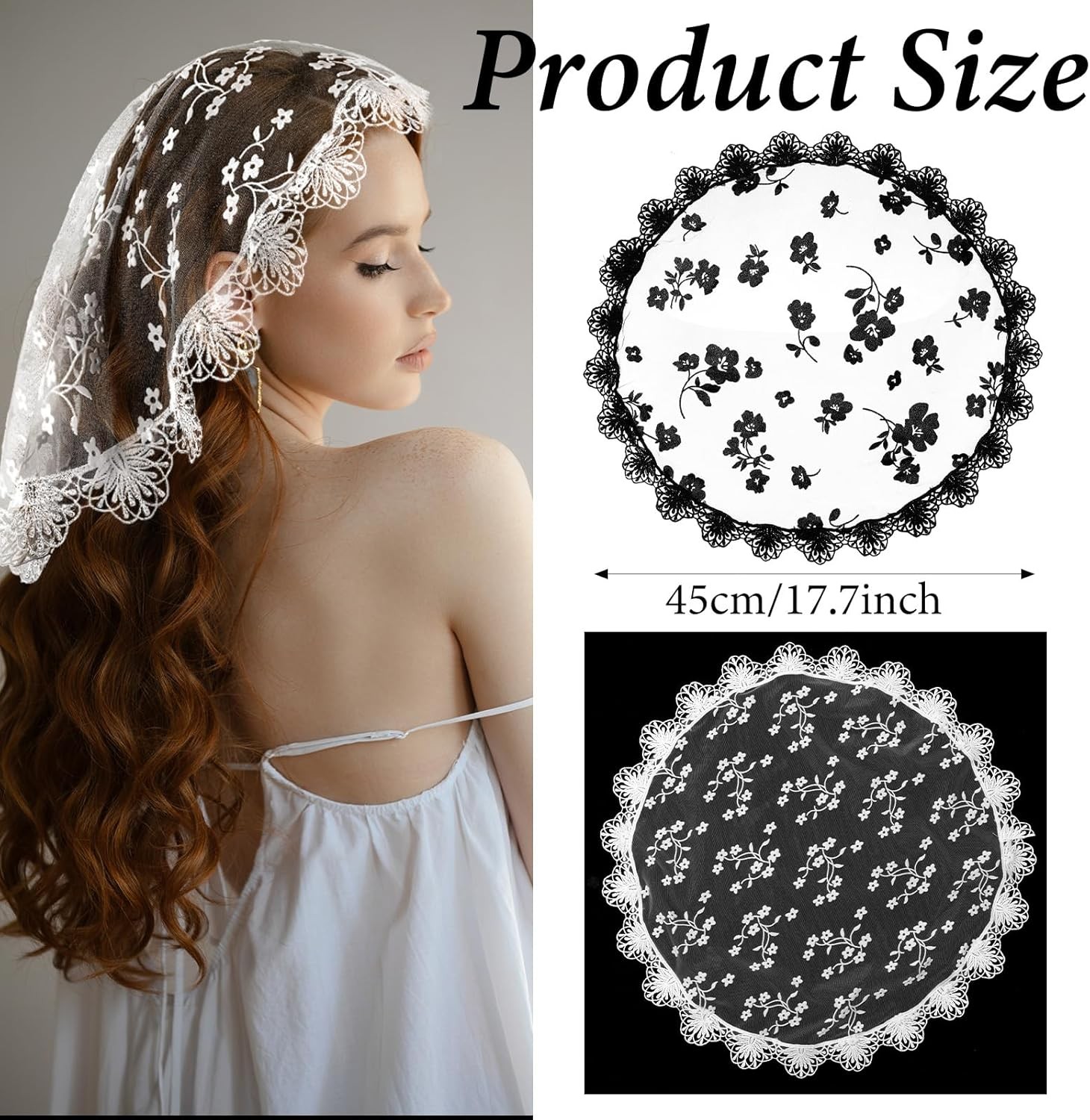 2 Pcs Women Lace Head Coverings Veil Scarf Church Bridal Wedding Black White