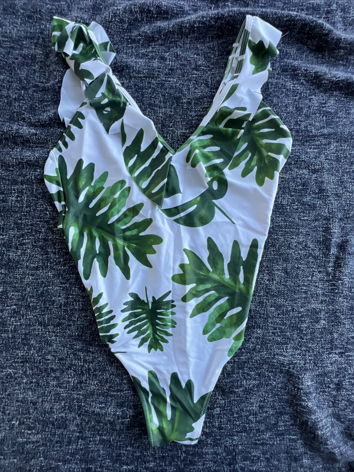 Blooming Jelly Swimsuit Women’s One Piece Large V-Neck Ruffle Palm Leaf White