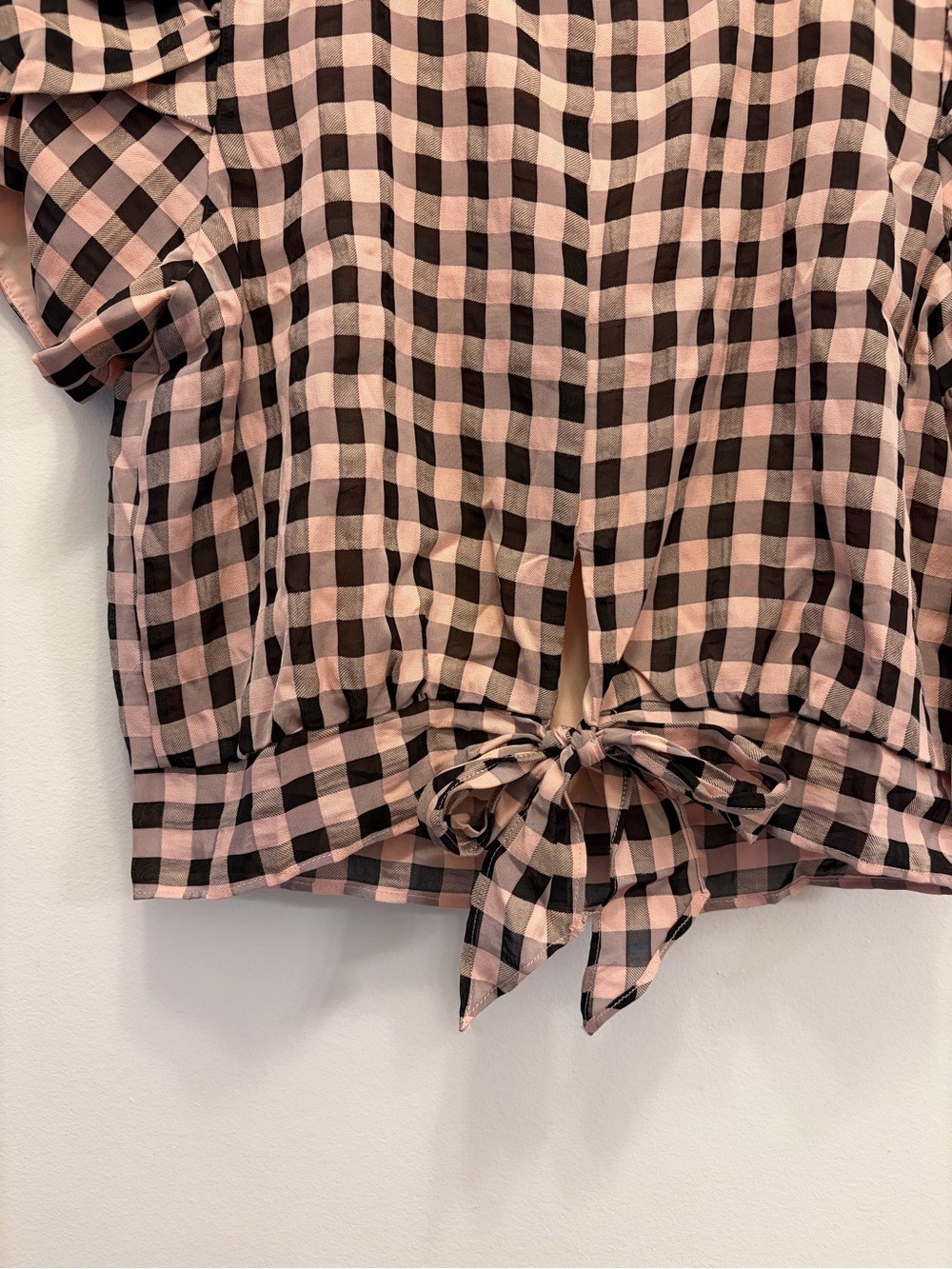 NWT Cosmopolitan x Dress the Population Plaid Tie Front Puff Sleeve Top Womens L