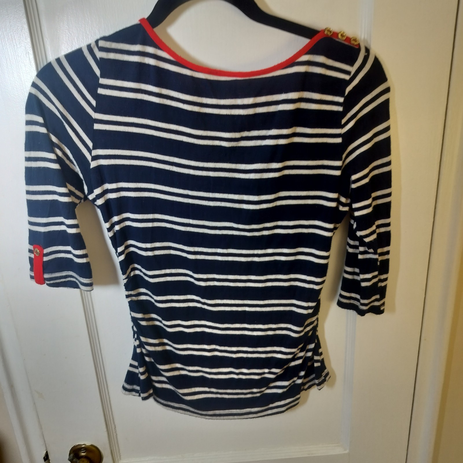 CELINE BY CHAMPION NAVY WHITE STRIPED BOAT NECK TOP RED TRIM BUTTON 3/4 SLEEVE