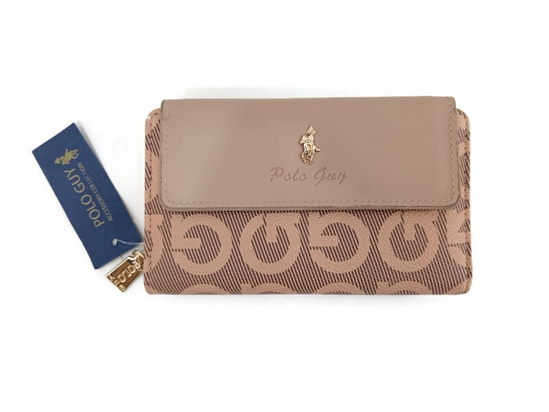 ​Polo Guy Women’s Wallet Beige Leather Fabric Organizer Clutch Purse 18×10.5x4cm