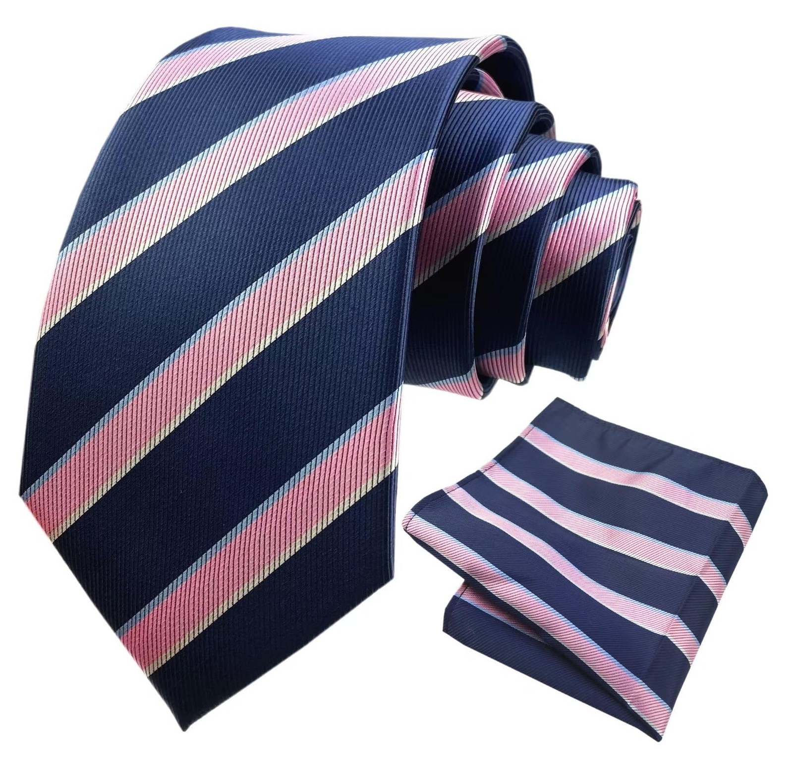 Mens Navy Blue Stripe Tie and Pocket Square Set Silk Neck Ties for Men Weddin…