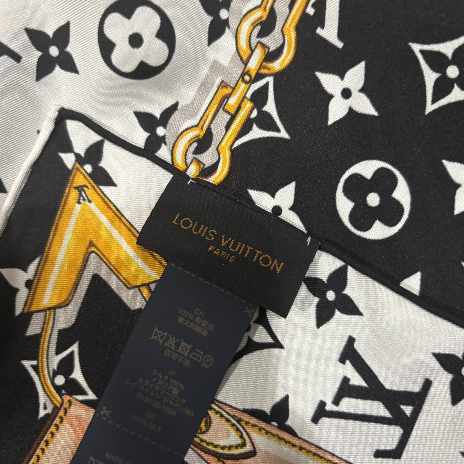 Louis Vuitton Monogram Silk Scarf Black White Chain Belt Print Square LV